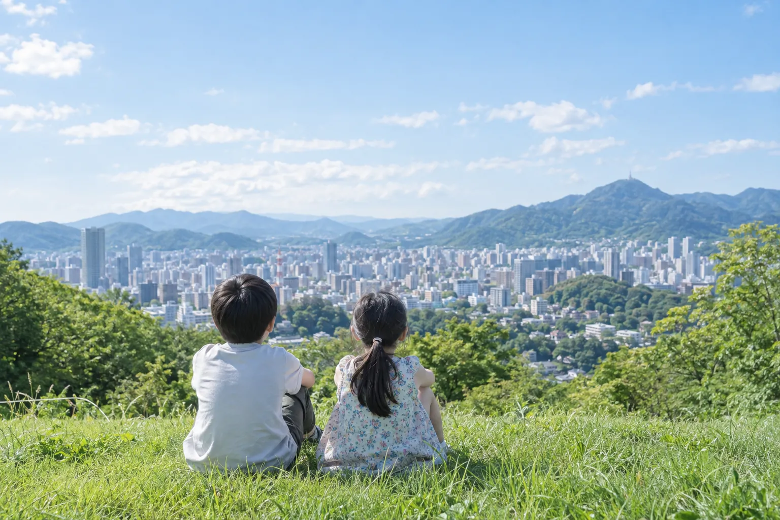 丘から街を眺める子どもたち