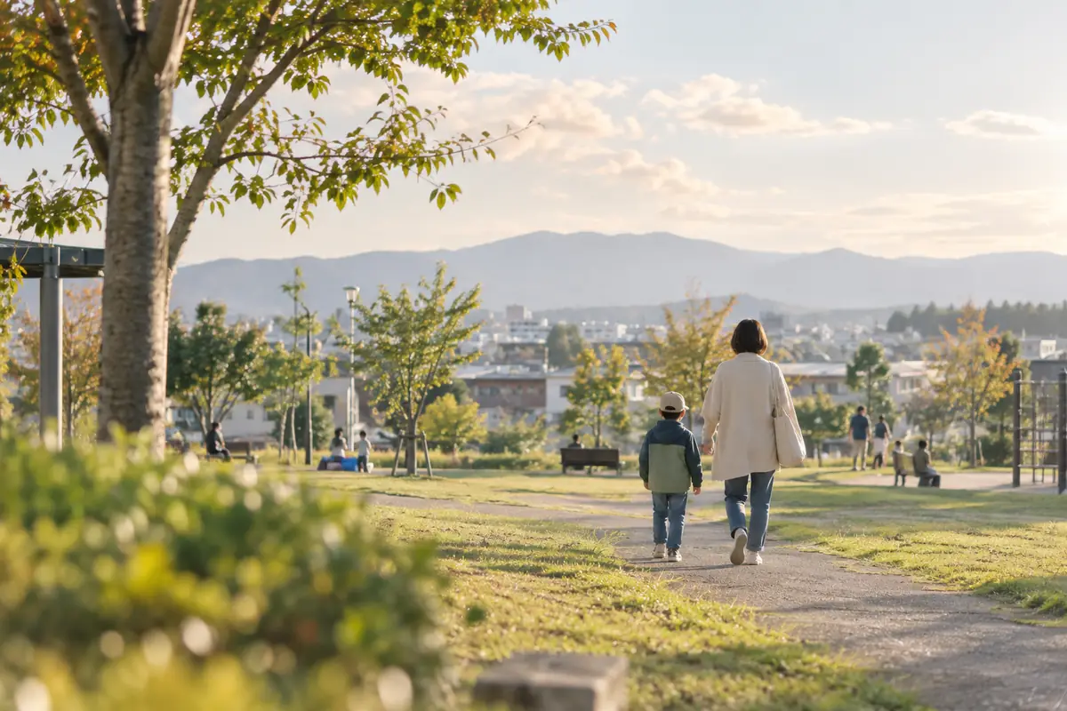 夕方の公園の並木道を並んで歩く大人と子どもの後ろ姿