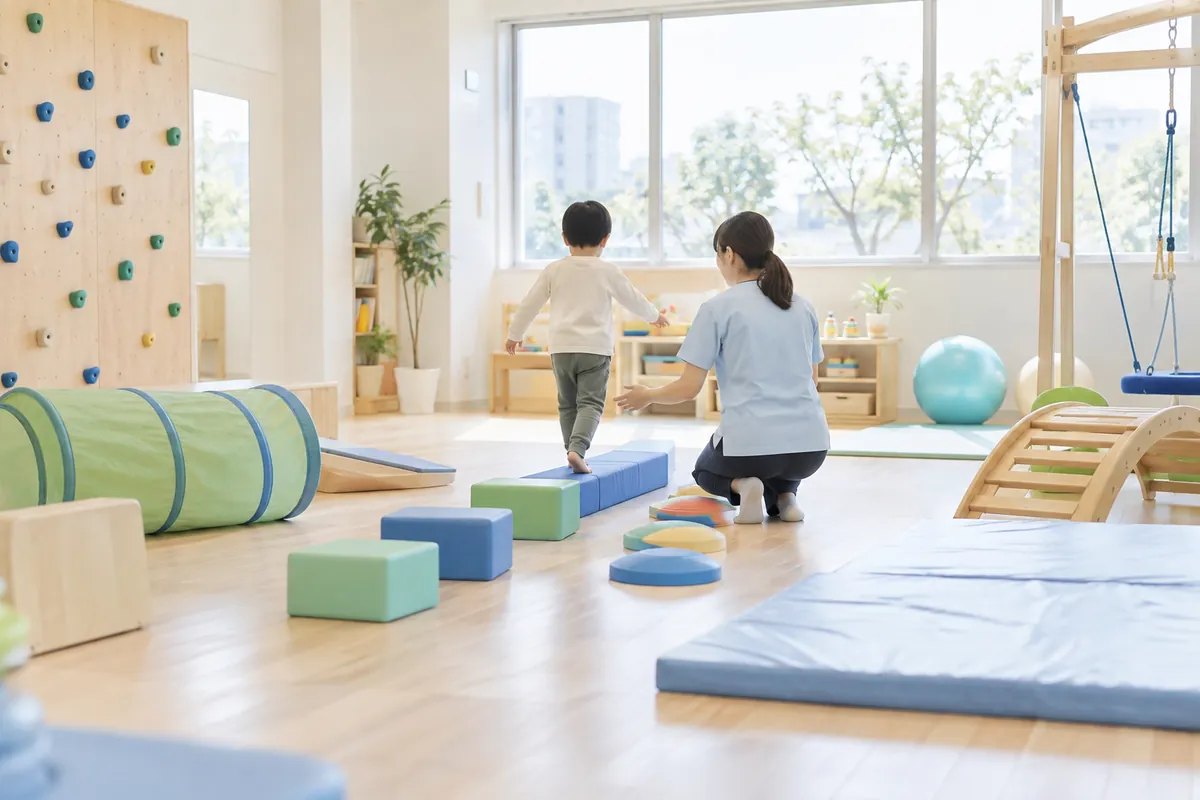 明るい療育ルームで運動あそびをする子どもと支援者