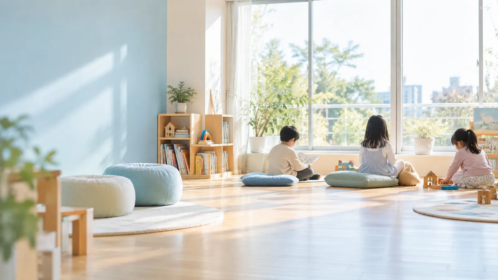 窓から日が差す部屋で、クッションに座って思い思いに過ごす子どもたち
