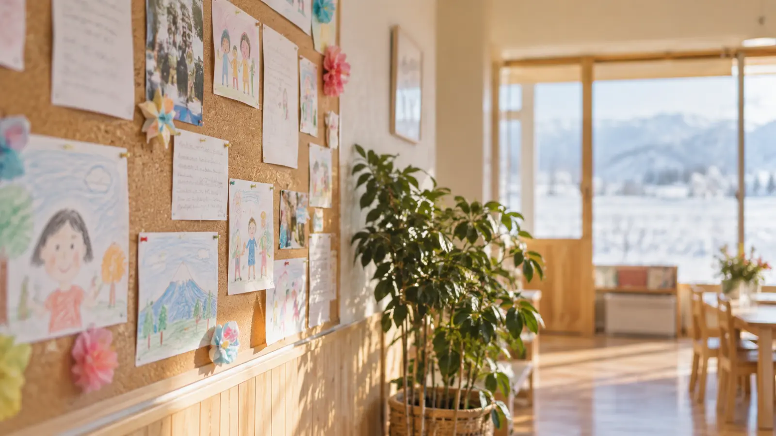 子どもの絵が貼られた掲示板と観葉植物